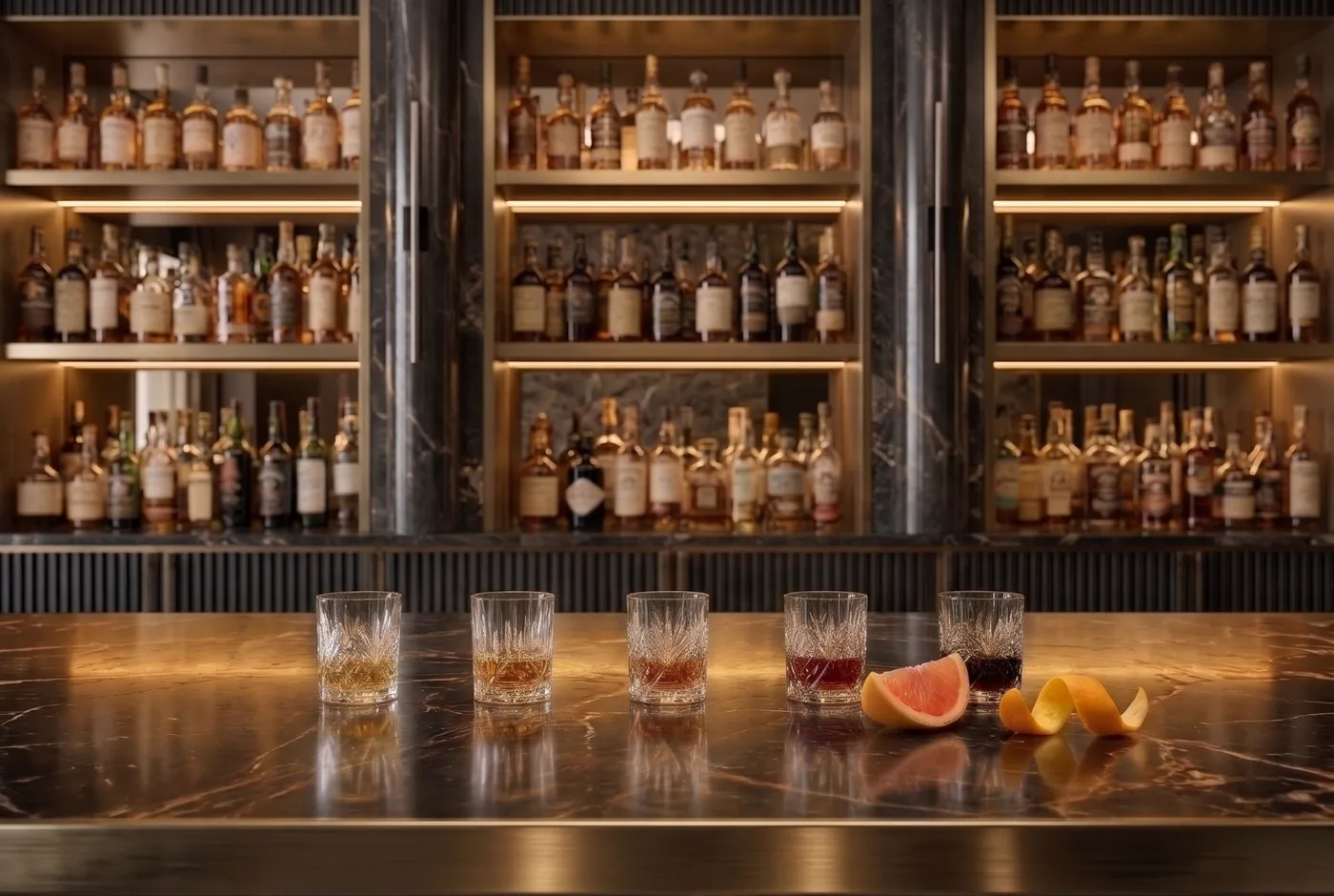 The bitterness meter: five glasses of bitter liqueur from gentle pale gold to fierce near black, with grapefruit and orange peel, a five step guide from mild to strong
