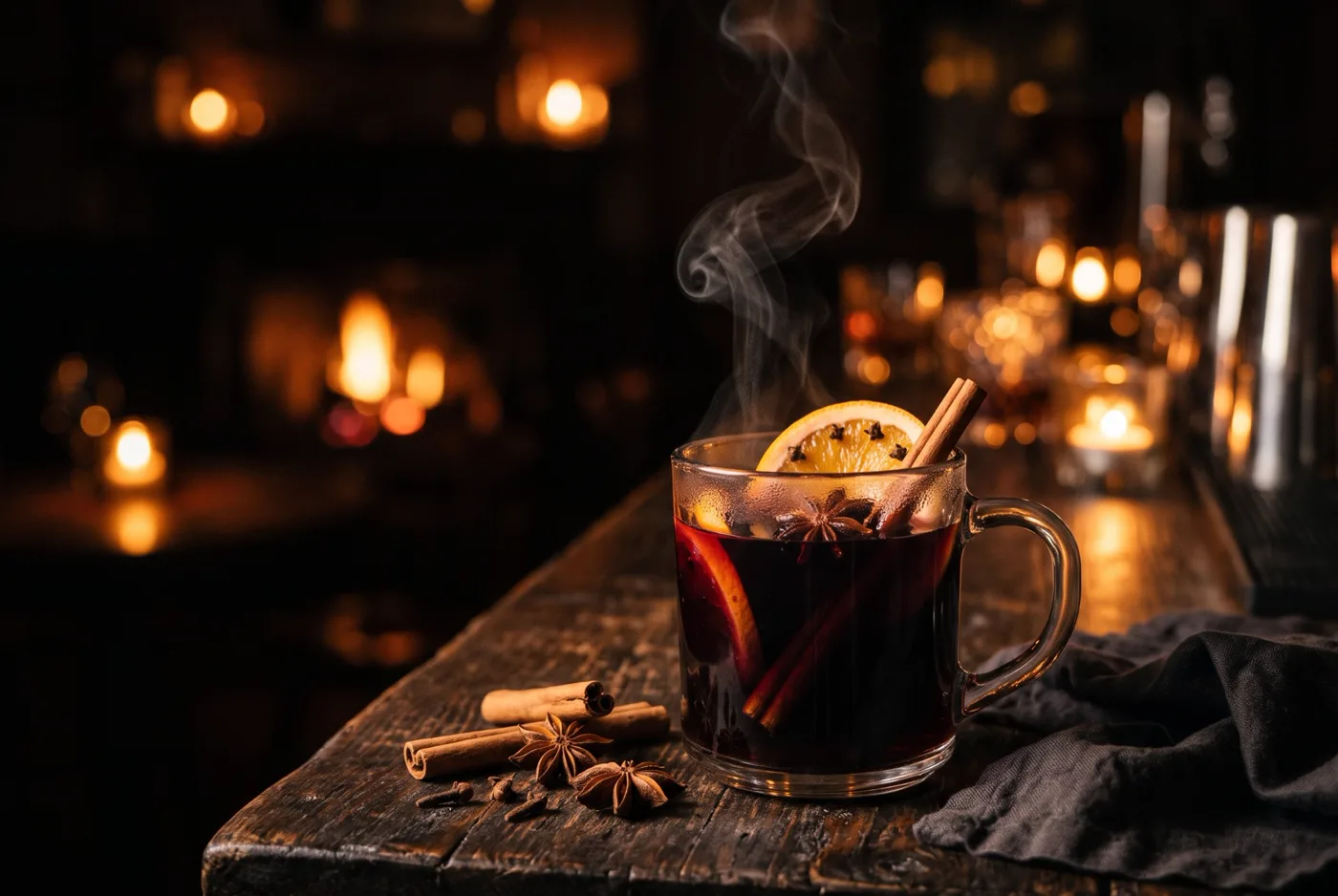 A steaming glass mug of mulled wine with an orange slice, cinnamon stick and star anise on a dark wooden table