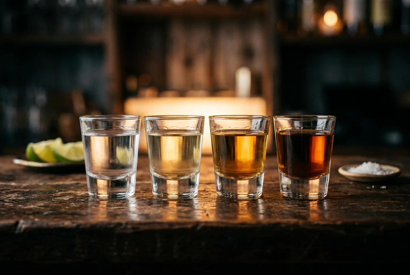 Four small tequila glasses in a row, from clear to deep amber