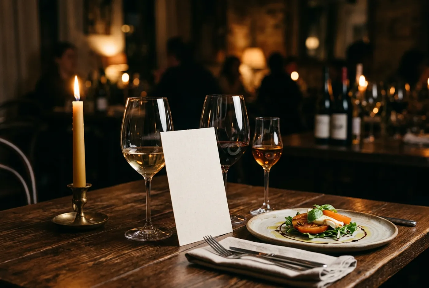 A candlelit table for one with three wine glasses and a blank menu card