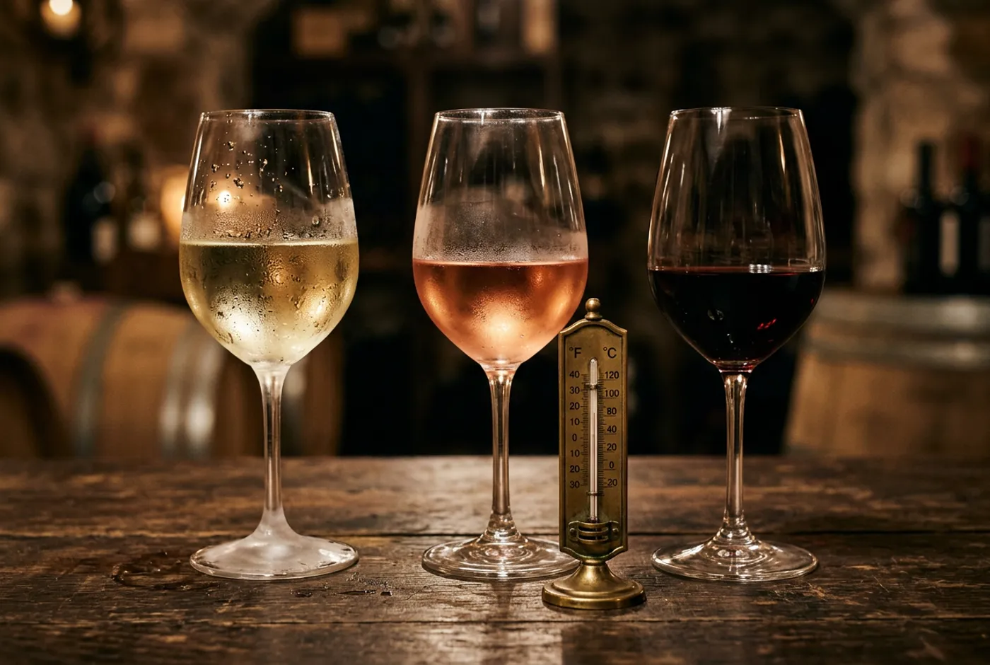 A white, a rose and a red wine glass with different amounts of condensation beside a vintage thermometer
