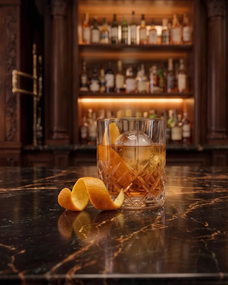 An Old Fashioned with an orange twist on a dark marble bar